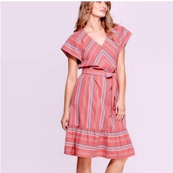 Universal Thread Pink mauve Stripe Midi Dress v neck tie waist ruffle cotton XL - Picture 1 of 13